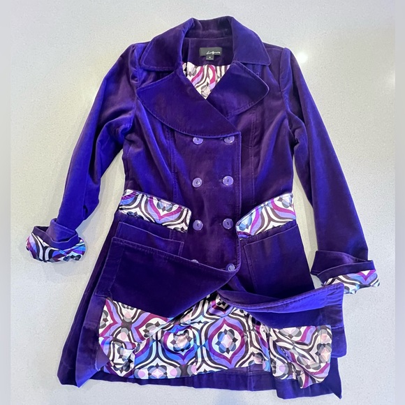 Velvet Cotton Purple Button Trench Pockets Sz Medium Unique - Picture 6 of 13